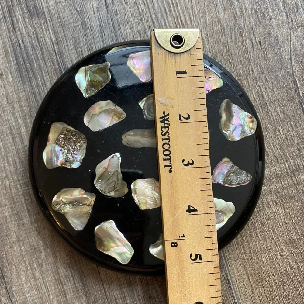 Unique Designs Abalone Shell Resin Trivet Hot Plate Black Round Vintage USA Made